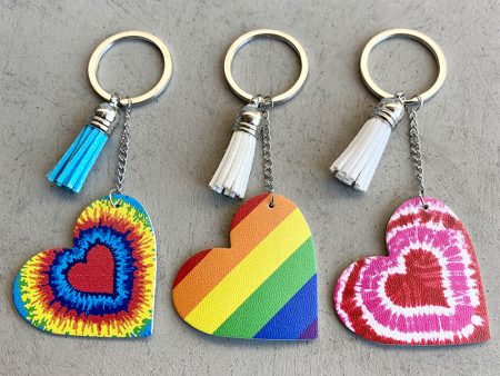 Wholesale Striped Heart Tassel Rainbow Multicolor Leather Keychains Supply