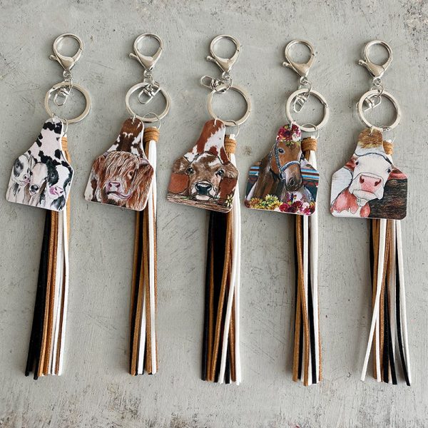 Wholesale 2pcs Handmade Popular Western Farm Style Leather Cow Horse Deer Cow Tassel Keychains For Discount