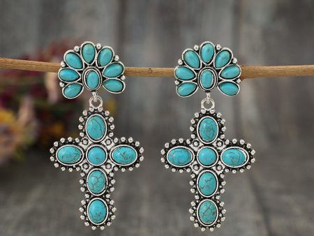 Wholesale Western Style Vintage Cross Stitching Half Flower Inlaid Turquoise Earrings Hot on Sale