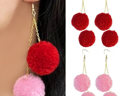 Wholesale 2pcs Valentine s Day Wool Ball Pink Chain Ball Color Matching Cute Autumn and Winter Earrings Hot on Sale