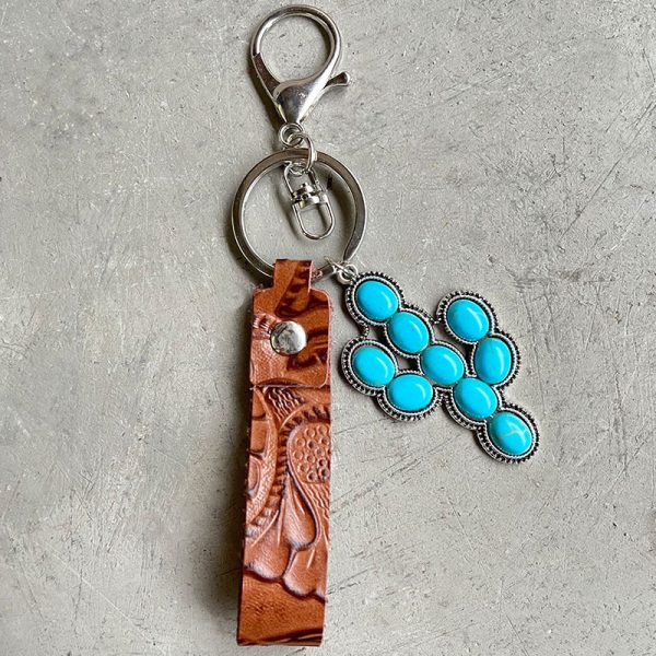 Wholesale 2pcs Vintage Embossed Cowhide Western Style Turquoise Pumpkin Flower Textured Cowhide Keychains Online Hot Sale