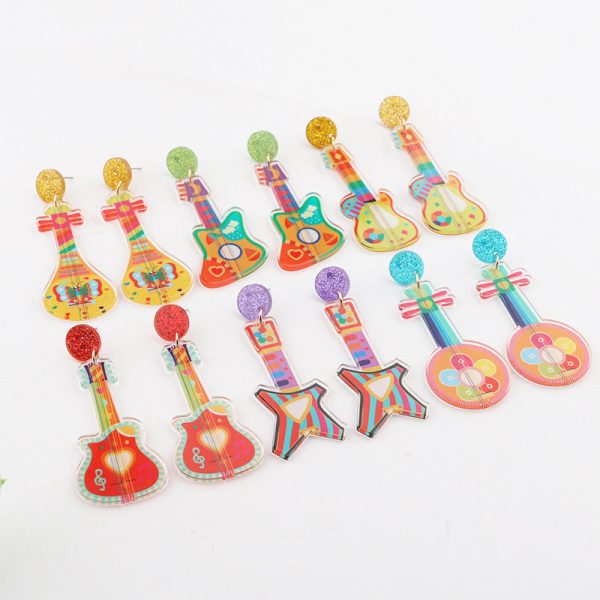 Wholesale 10pcs Music Festival Fashion Personality Rainbow Guitar Musical Instrument Earrings Hot on Sale