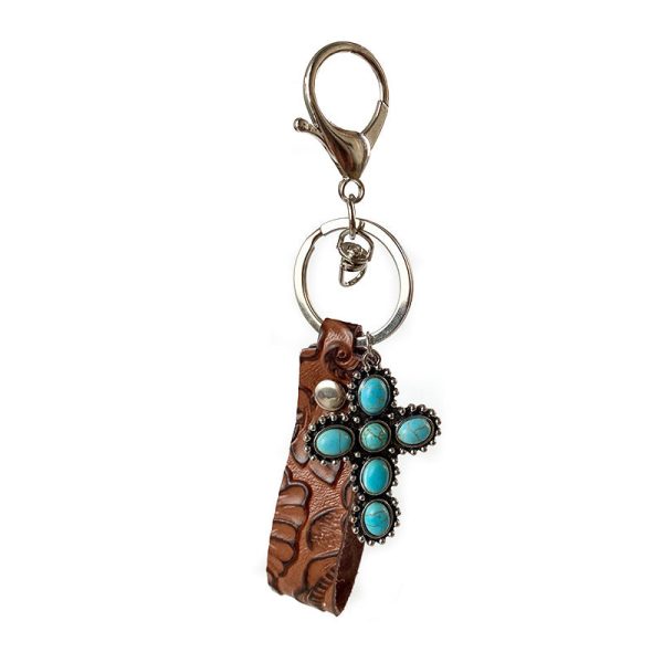 Wholesale 2pcs Vintage Embossed Cowhide Western Style Turquoise Pumpkin Flower Textured Cowhide Keychains Online Hot Sale