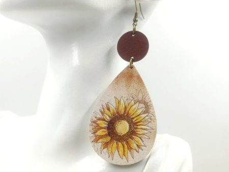 Wholesale Western style Wooden Printing Retro Sunflower Tauren Earrings Discount