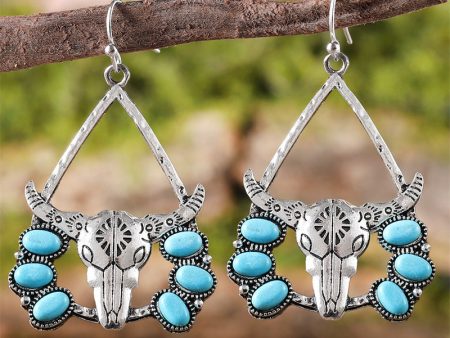 Wholesale Western Style Bull Head Tribal Turquoise Exaggerated Retro Ethnic Style Earrings Fashion