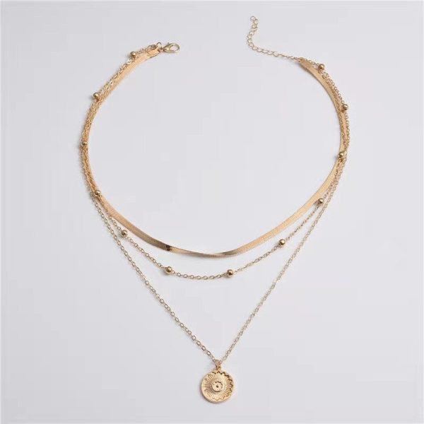 Wholesale Simple Multi-layer Lotus Pendant Gold Bead Disc Blade Chain Necklace Chain Online Sale