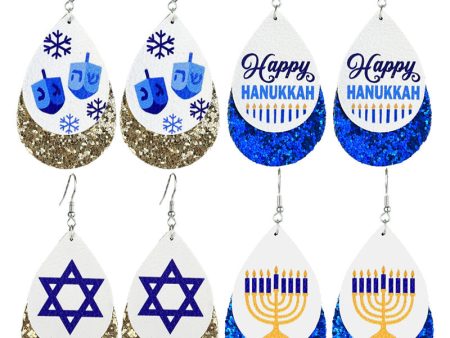 Wholesale 2pcs Hanukkah Festive Atmosphere Double Leather Shiny Menorah Happy Hanukkah Earrings Sale