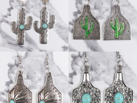 Wholesale Western Distressed Cowboy Style Alloy Turquoise Sunflower Cactus Retro Ethnic Flower Earrings on Sale