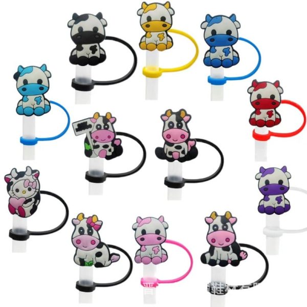 Wholesale 10pcs Cartoon Cow Children s Water Cup Dust and Spill Proof Straw Cover Fashion