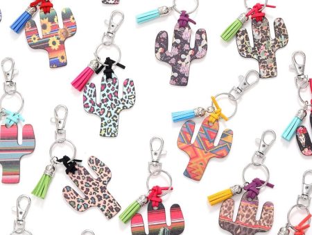 Wholesale Wooden Cactus Leopard Flower Rainbow Sunflower Stripe Printed Keychains Supply