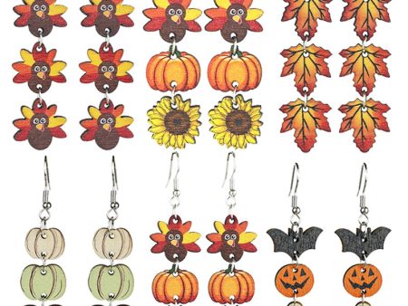 Wholesale 2 Pairs pack Thanksgiving Wooden Multi-Element Turkey Pumpkin Maple Leaf Chinese Restaurant Autumn Vibe Earrings For Cheap