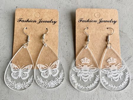 Wholesale 3pcs Transparent Acrylic Water Drop Bee Butterfly Laser Marking Popular Personality Earrings Cheap