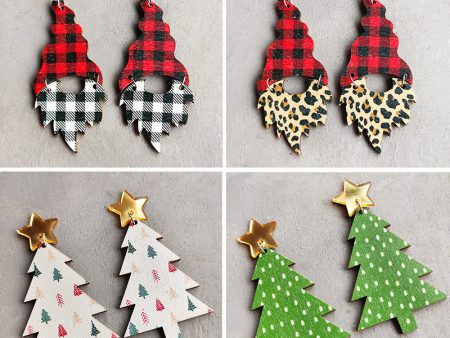 Wholesale 2 Pairs pack Colorful Christmas Tree Leopard Plaid Minimalist Patchwork Wooden Earrings Online Hot Sale