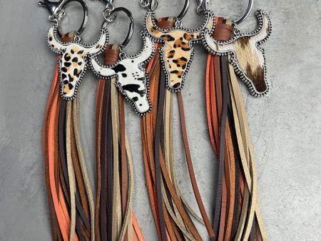 Wholesale 2pcs Bull Head Multi-color Western Tassel Style Leather Keychain Hot on Sale