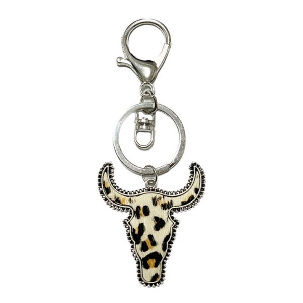 Wholesale 2pcs Leopard Bull Head Vintage Genuine Leather Cow Pattern Western Style Keychains For Sale