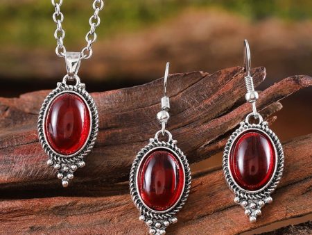 Wholesale Vintage Exquisite Cameo Inlaid Ruby Oval Glass Pendant Fashion Earrings Necklace Set For Cheap