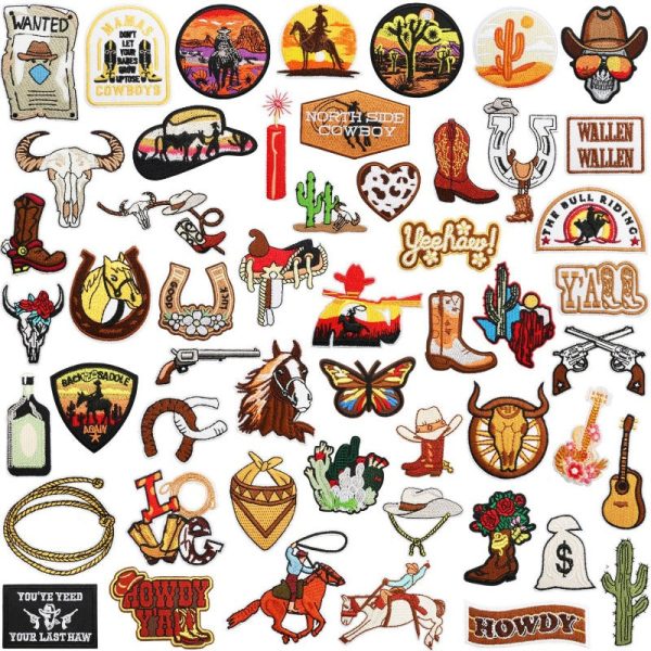 Wholesale 52 Pieces Brown Western Denim Jacket Horse Pistol Embroidered Clothing Patches For Cheap