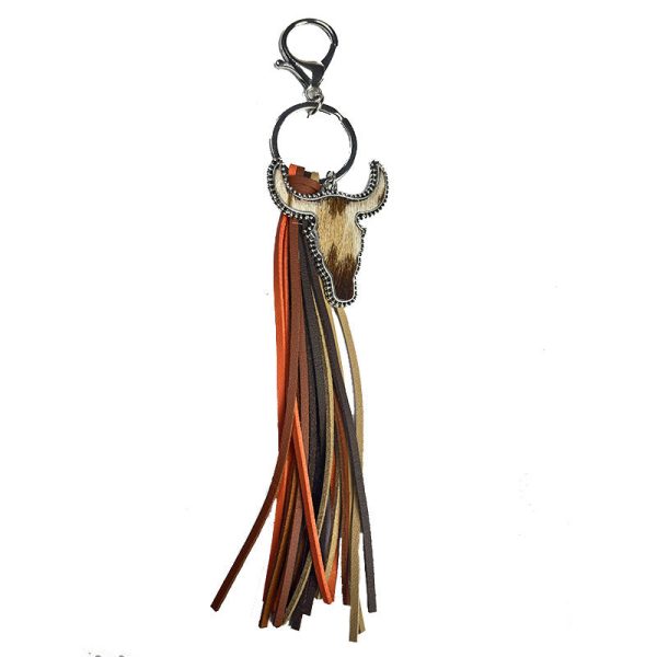 Wholesale 2pcs Bull Head Multi-color Western Tassel Style Leather Keychain Hot on Sale