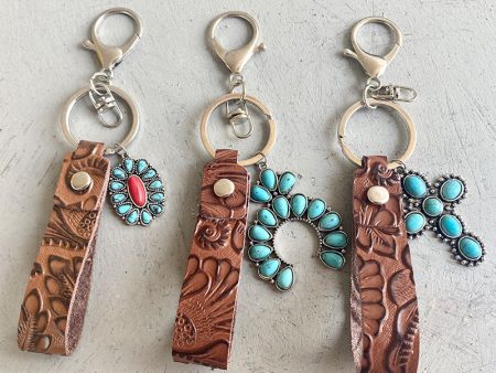 Wholesale 2pcs Vintage Embossed Cowhide Western Style Turquoise Pumpkin Flower Textured Cowhide Keychains Online Hot Sale