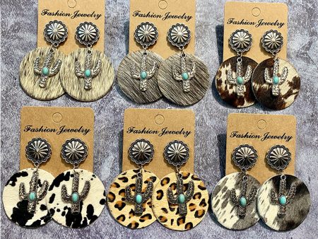 Wholesale Western Vintage Genuine Leather Bohemian Horse Hair Cowhide Cactus Splicing Earrings Online