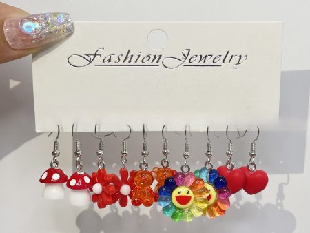 Wholesale 5pcs pack Red Acrylic Fine Flash, Three-dimensional Bear Sunflower, Red Heart, Imitation Small Mushroom Earrings Discount