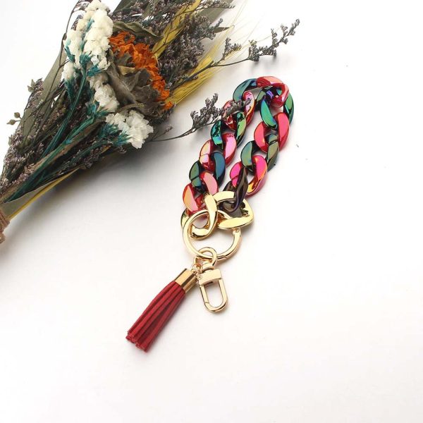 Wholesale Bright Color PU Tassel Acrylic Bracelet Keychain on Sale