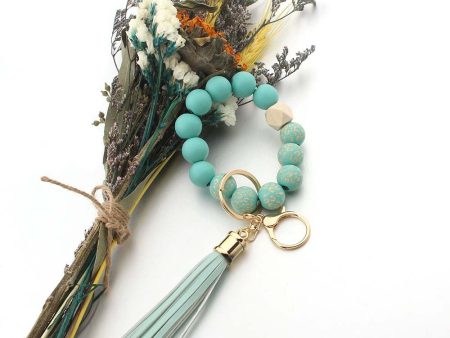 Wholesale Wooden Bead Printed Leather Tassel Bracelet Keychain Fashion