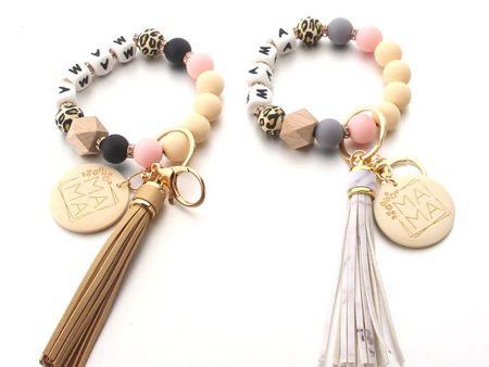 Wholesale Wooden Beads Leather Tassel Silicone Bracelet MAMA Keychain Online Sale