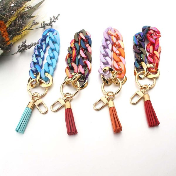 Wholesale Bright Color PU Tassel Acrylic Bracelet Keychain on Sale