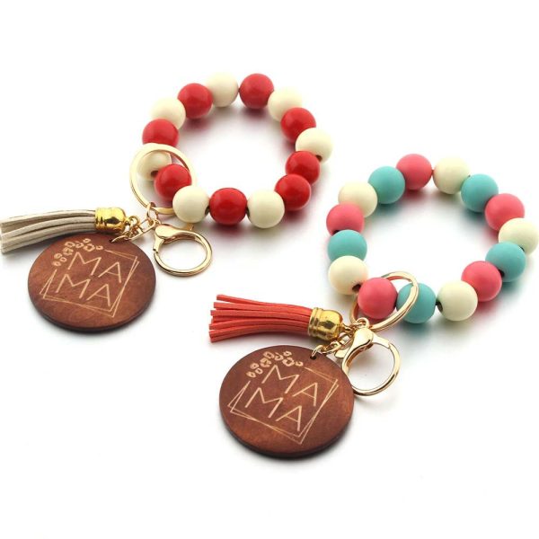 Wholesale Wooden Beads Leather Tassel MAMA Keychain Supply