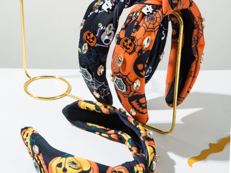 Wholesale New Halloween Print Spider Web Fabric Hair Ornament with Diamond Sticky Pumpkin Demon Headband For Sale