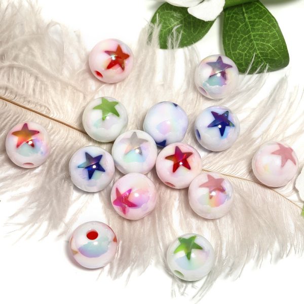 Wholesale  100pcs 16mmMilk White Sugar Core Acrylic Colored Heart-shaped Five Pointed Star Round Beads Fashion