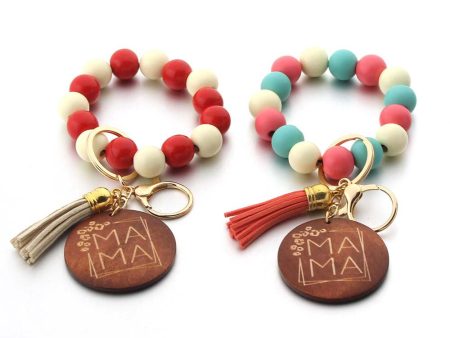 Wholesale Wooden Beads Leather Tassel MAMA Keychain Supply