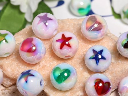 Wholesale  100pcs 16mmMilk White Sugar Core Acrylic Colored Heart-shaped Five Pointed Star Round Beads Fashion